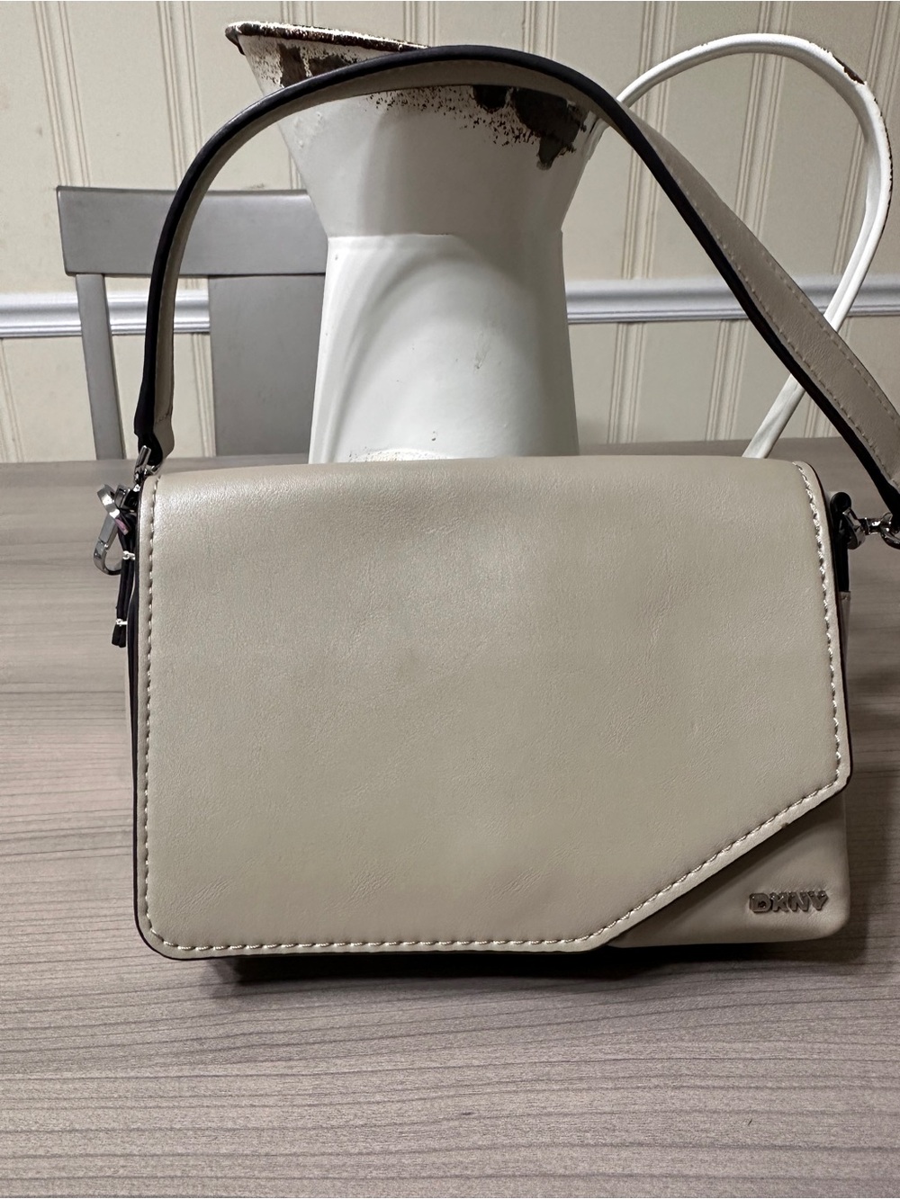 DKNY Cream Leather Shoulder Bag with Angled Flap